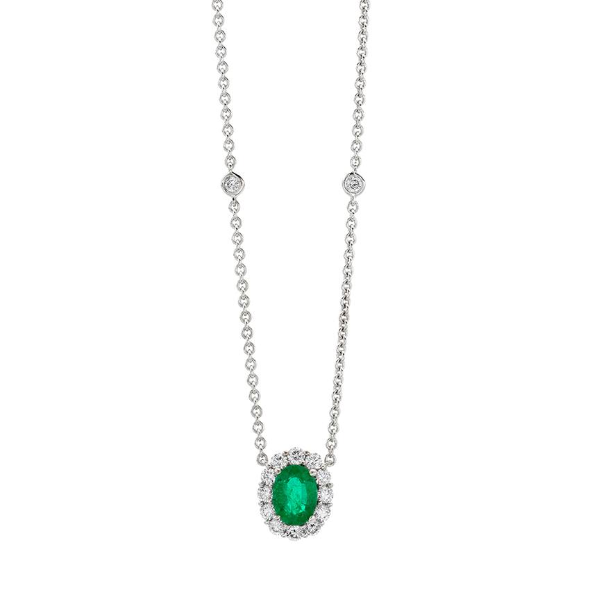 White Gold Oval Emerald & Diamond Halo Pendant Necklace 0