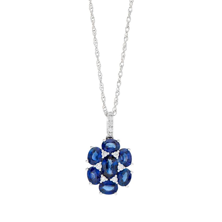 White Gold Oval Sapphire & Pave Diamond Cluster Pendant Necklace 0