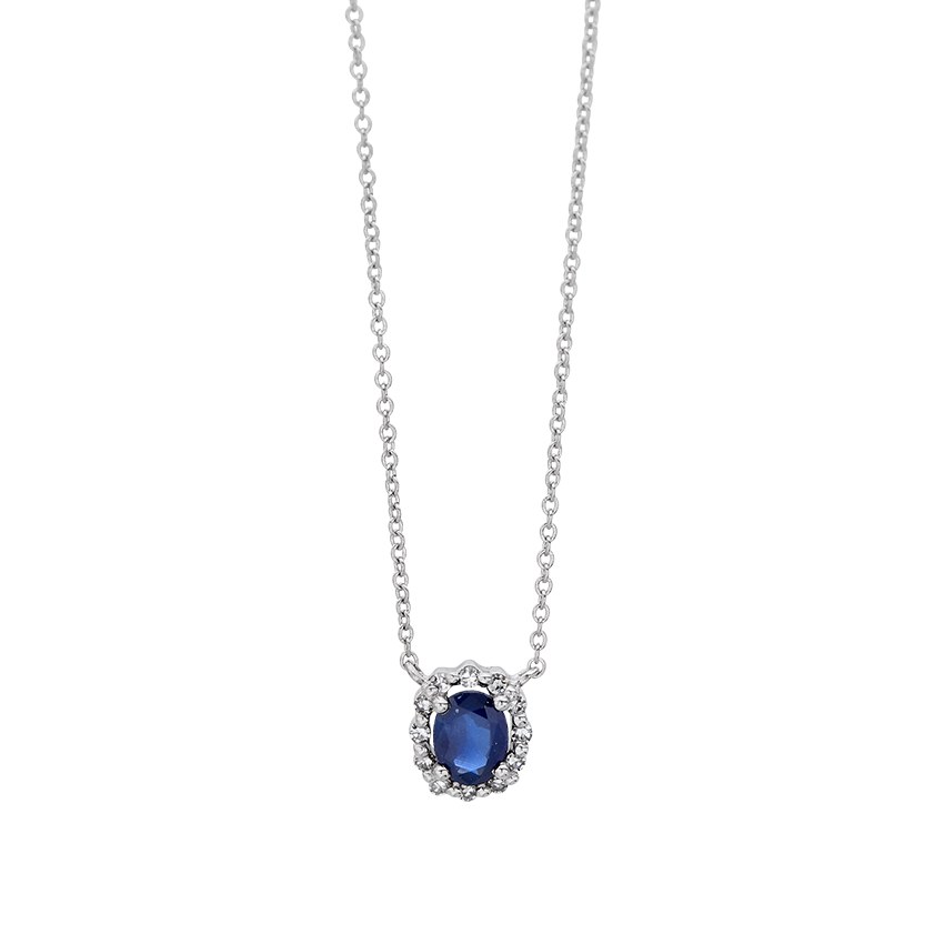 Oval Sapphire Pendant Necklace with Diamond Halo 0