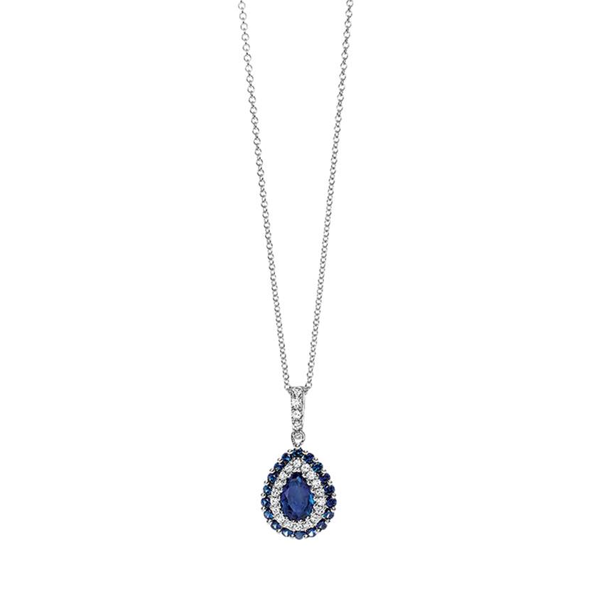 White Gold Sapphire & Diamond Teardrop Pendant Necklace 0