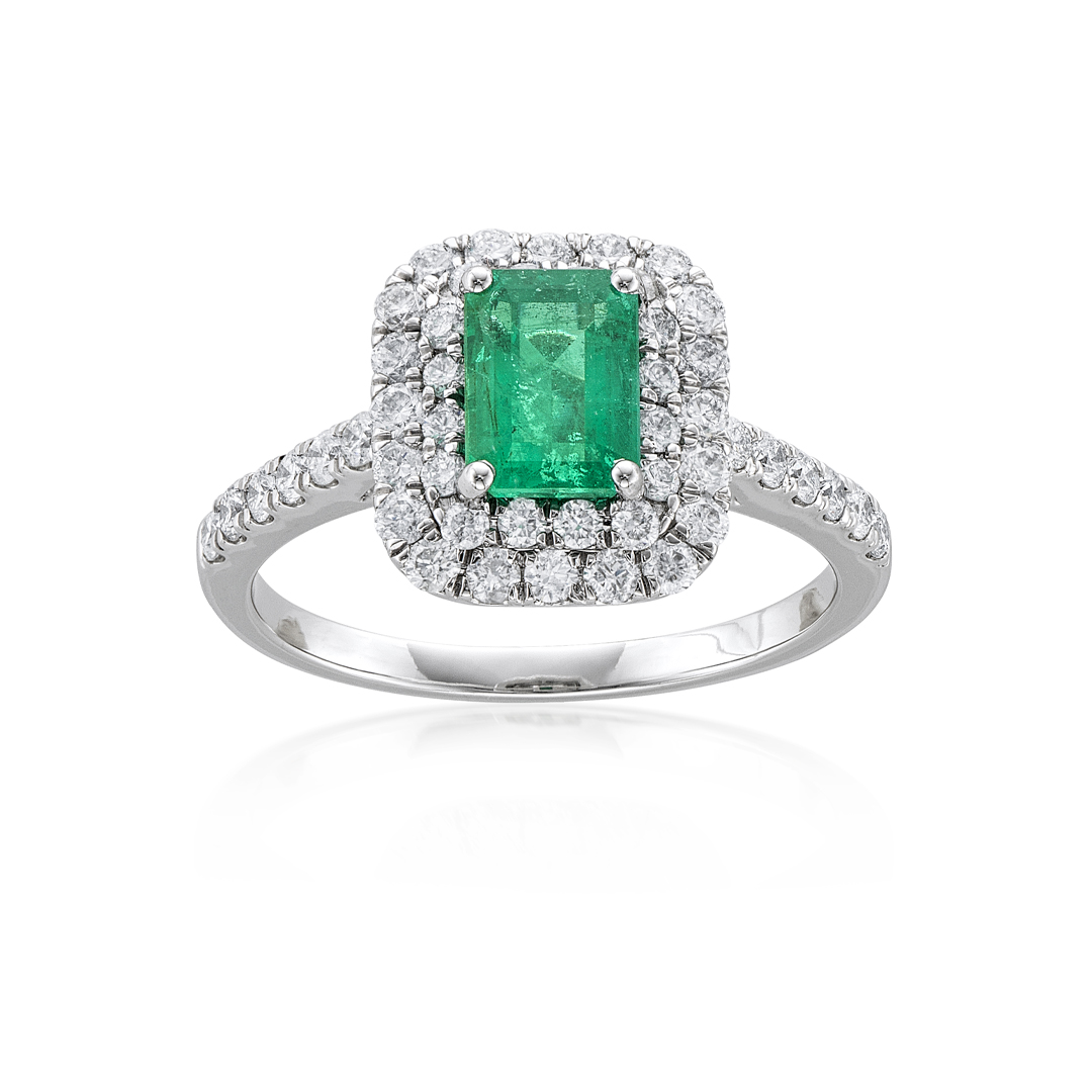 Emerald Ring with Double Stair Step Diamond Halo 1
