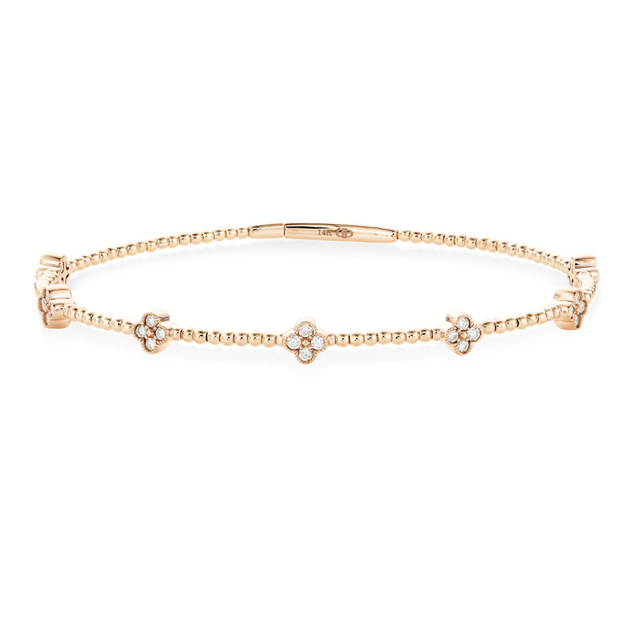 14K Rose Gold & Titanium Wire Bangle Bracelet with Quatrefoil Stations Set with 4 Round Diamonds & a Beaded Design