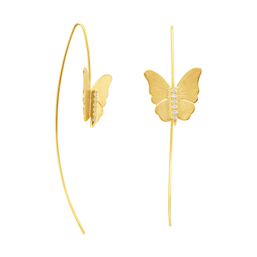 Yellow Gold Butterfly Diamond Threader Earring | Front & Side View