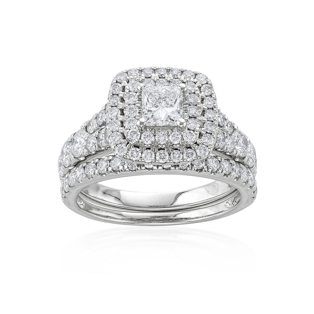 2.03 CTW Princess Cut Diamond Bridal Ring Set with Double Pave Halo 3