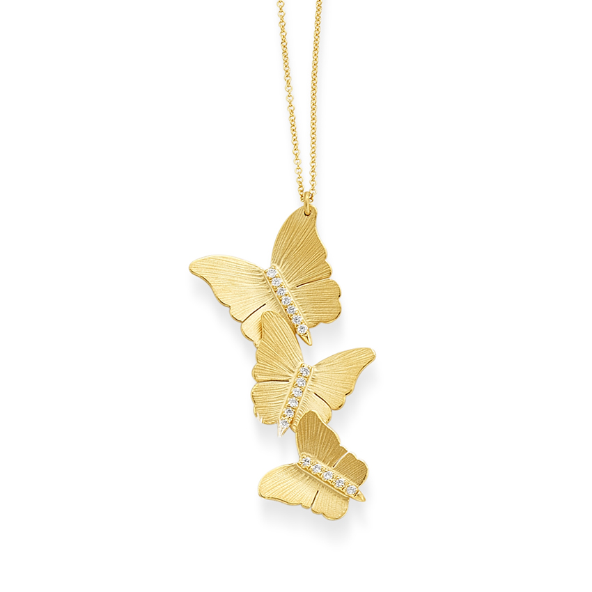 14k Yellow Gold Diamond Triple Butterfly Necklace 0