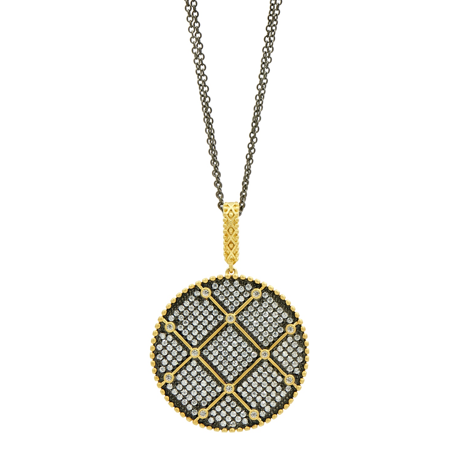 Freida Rothman Black and Gold Grid Large Disc Pendant Necklace 0