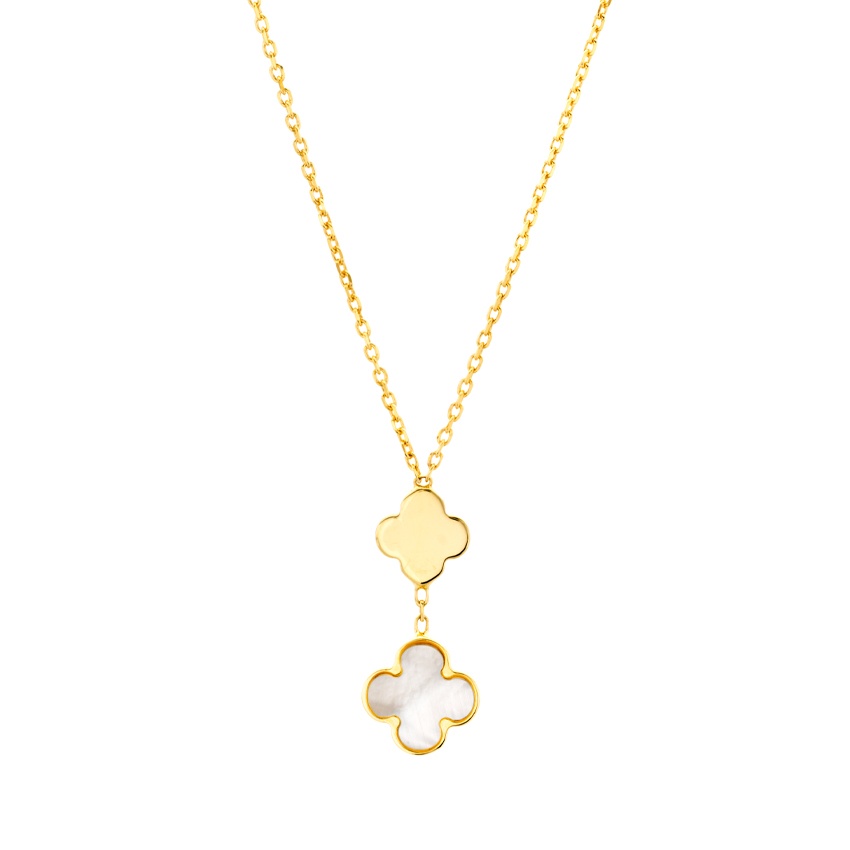 Yellow Gold & Mother Of Pearl Clover Double Pendant Necklace 0