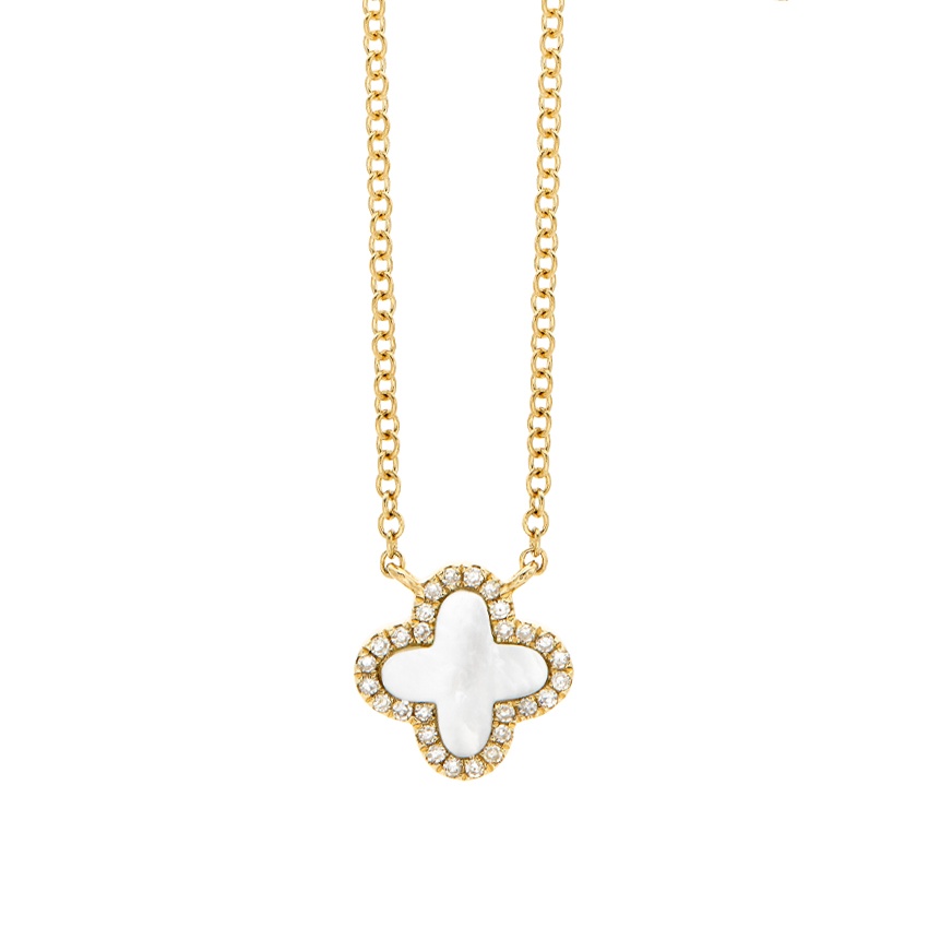 Yellow Gold Mother of Pearl & Diamond Quatrefoil Pendant Necklace 0
