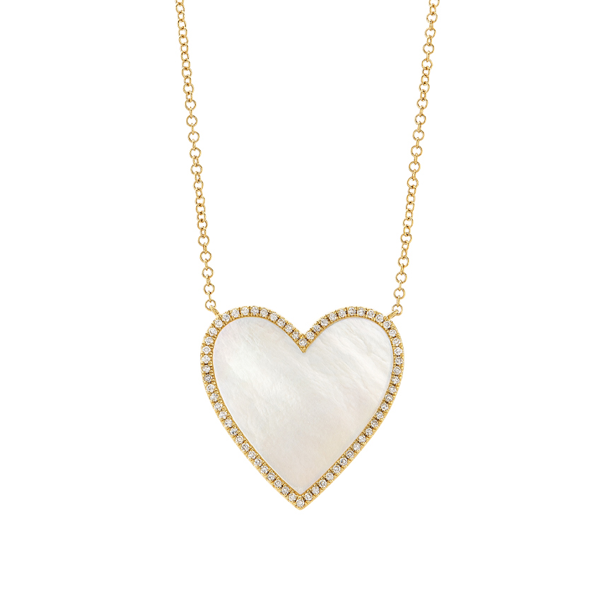 14K Yellow Gold Mother of Pearl and Diamond Heart Necklace | Front View