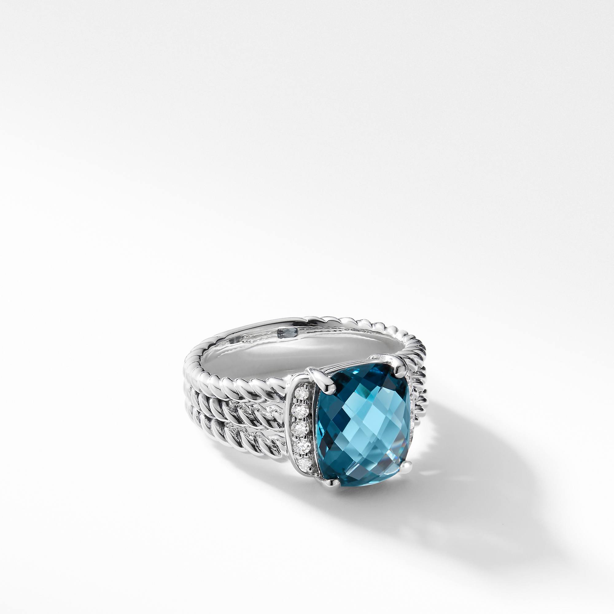 David Yurman Petite Wheaton Ring with Hampton Blue Topaz and Diamonds, size 7 0