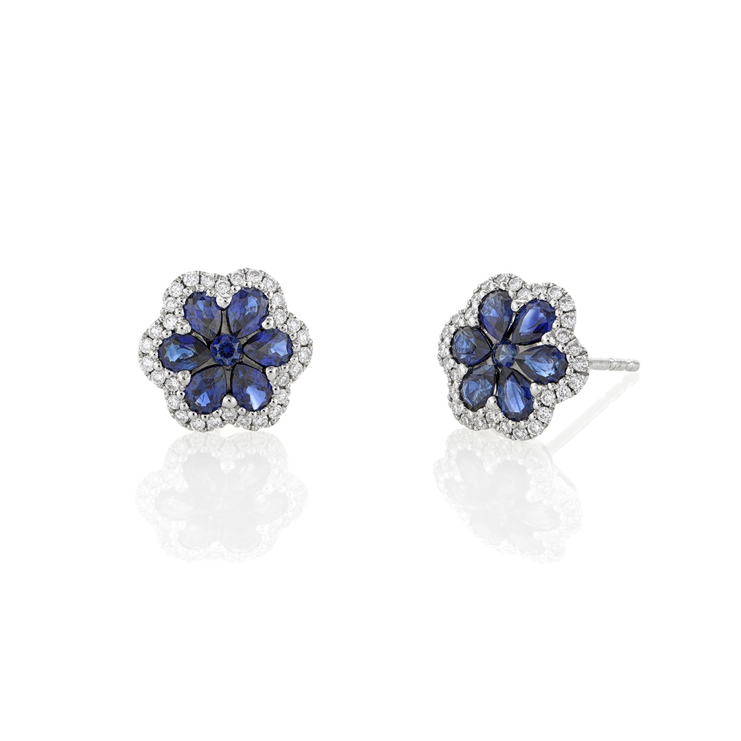 White Gold Sapphire & Diamond Flower Post Earrings 0
