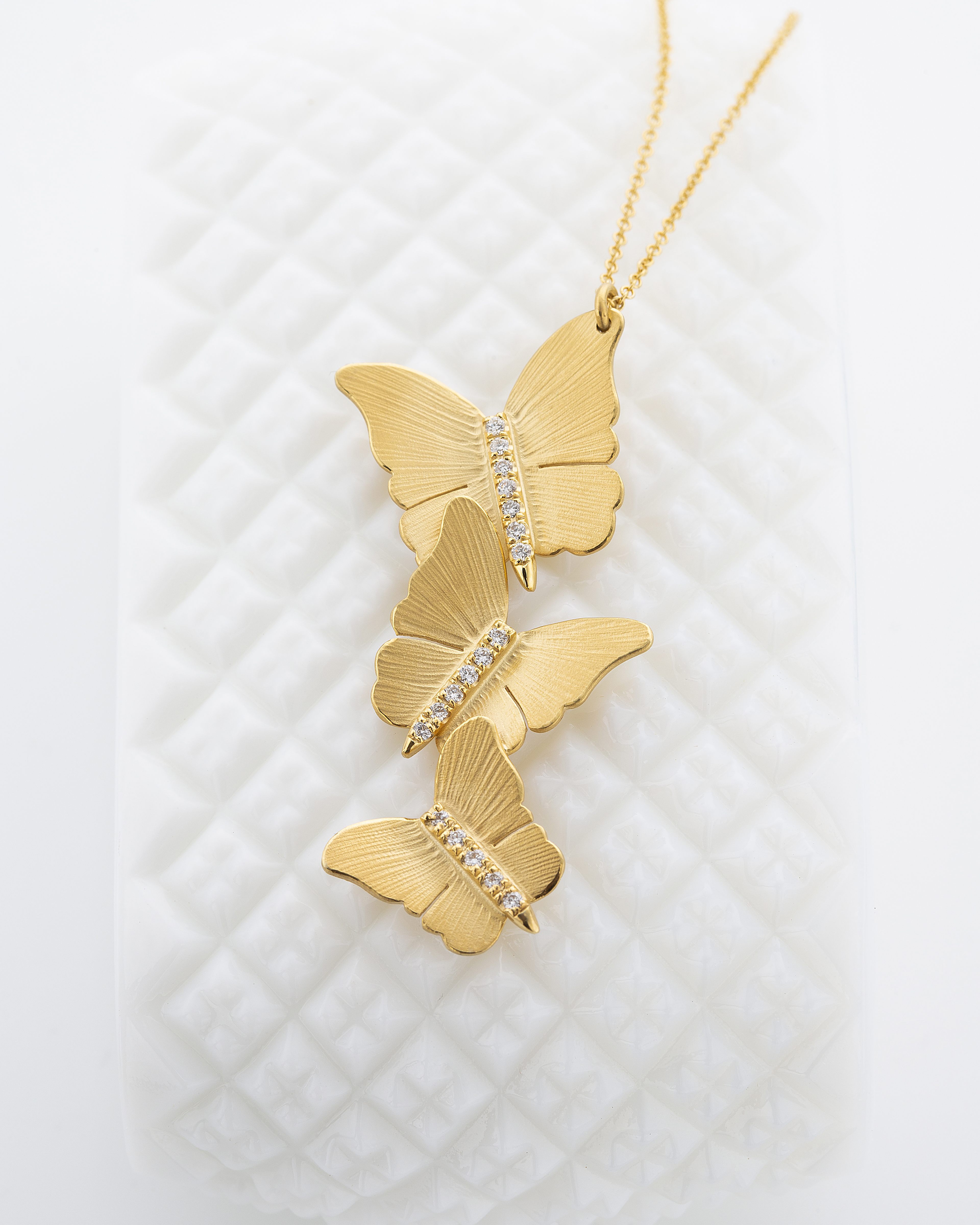 14k Yellow Gold Diamond Triple Butterfly Necklace 2