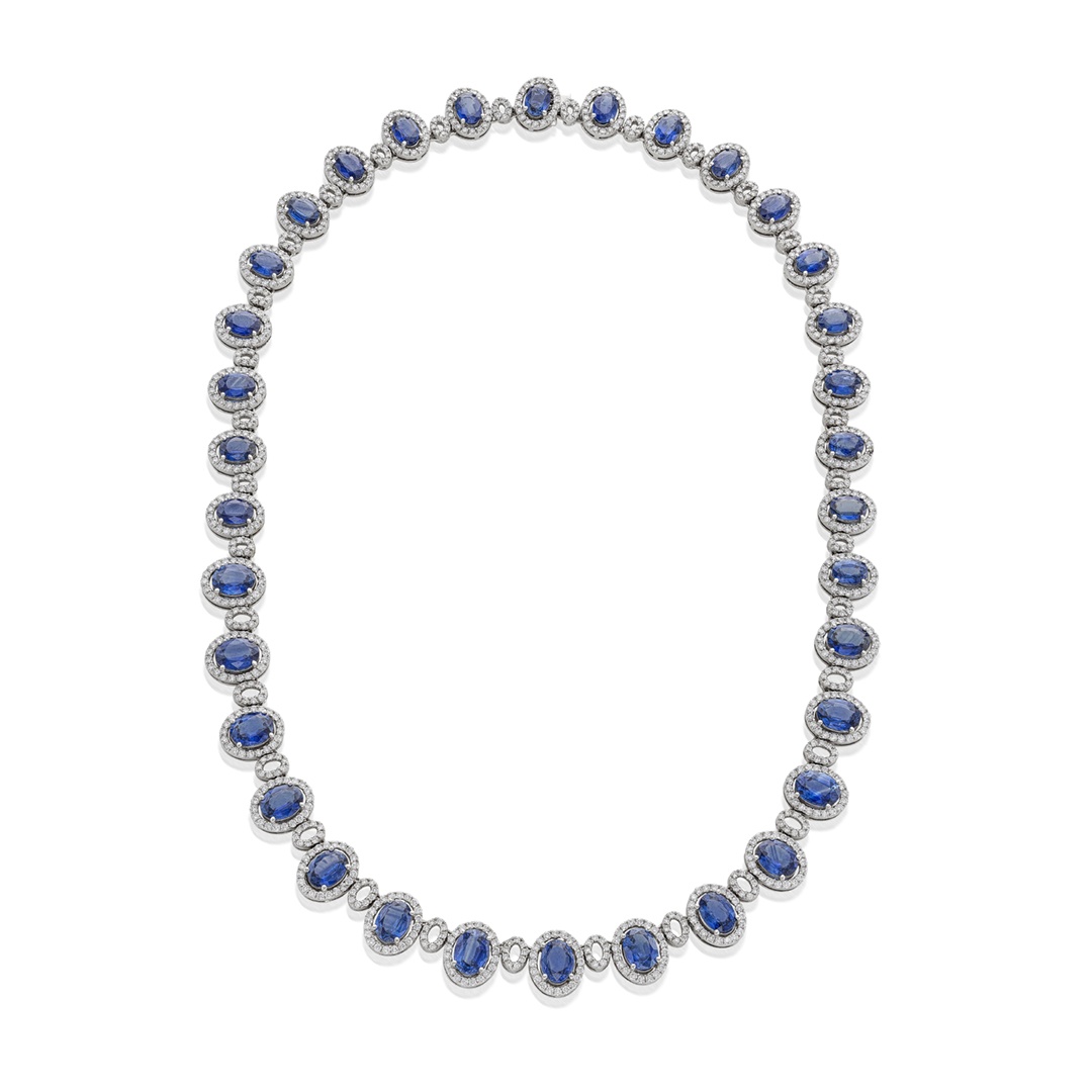 Oval Cut Sapphire and Open Oval Shaped Accent Diamond Necklace 0
