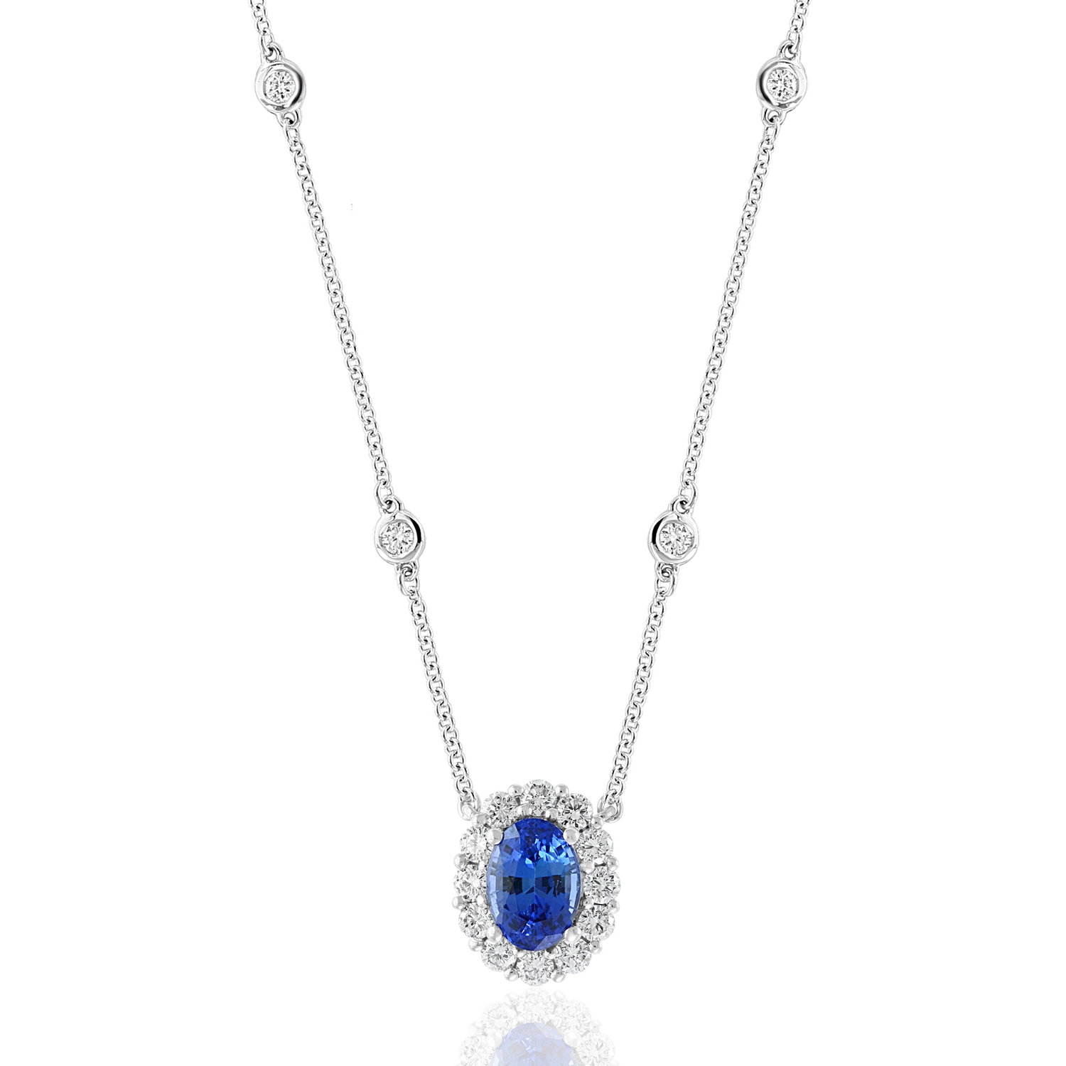 Oval Sapphire Pendant Necklace with Diamond Halo and Diamond Station Chain 0