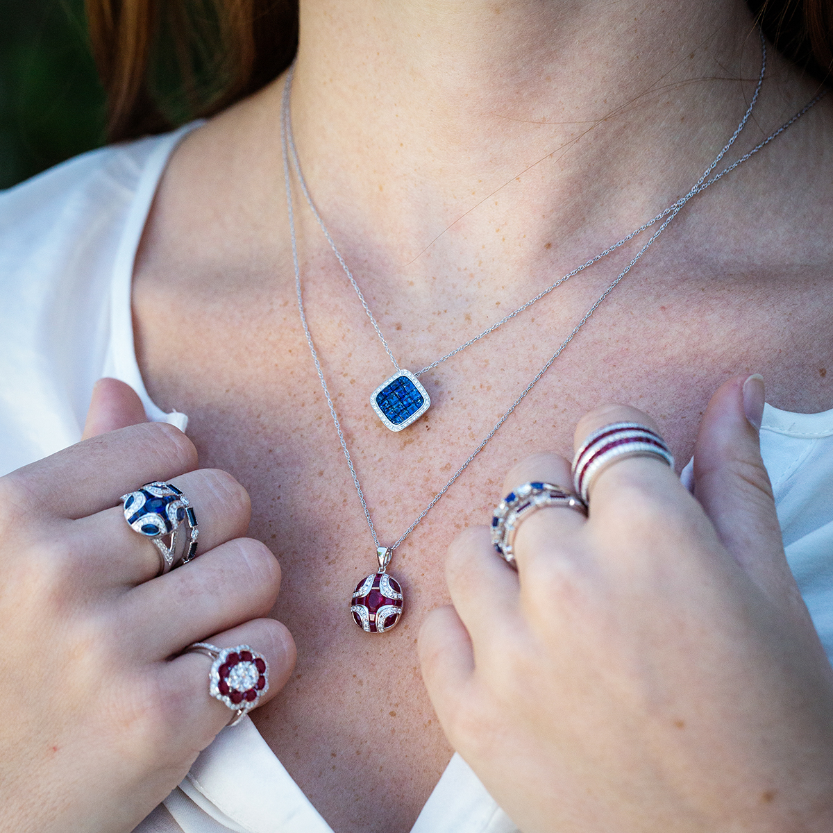 White Gold Blue Sapphire Cluster & Pave Diamond Halo Pendant Necklace 1