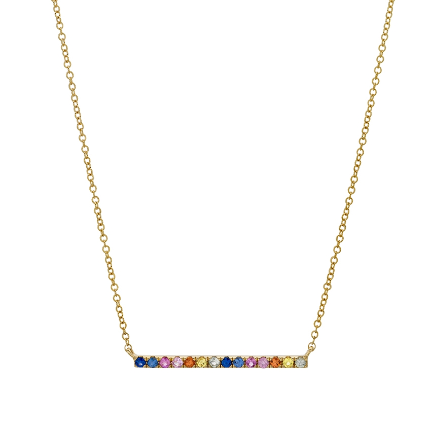 Yellow Gold Sapphire Rainbow Bar Pendant Necklace 0