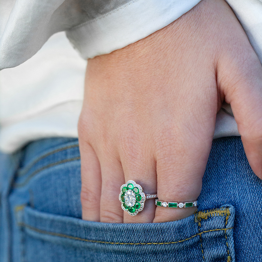 White Gold Diamond Cluster & Oval Emerald Flower Ring 2