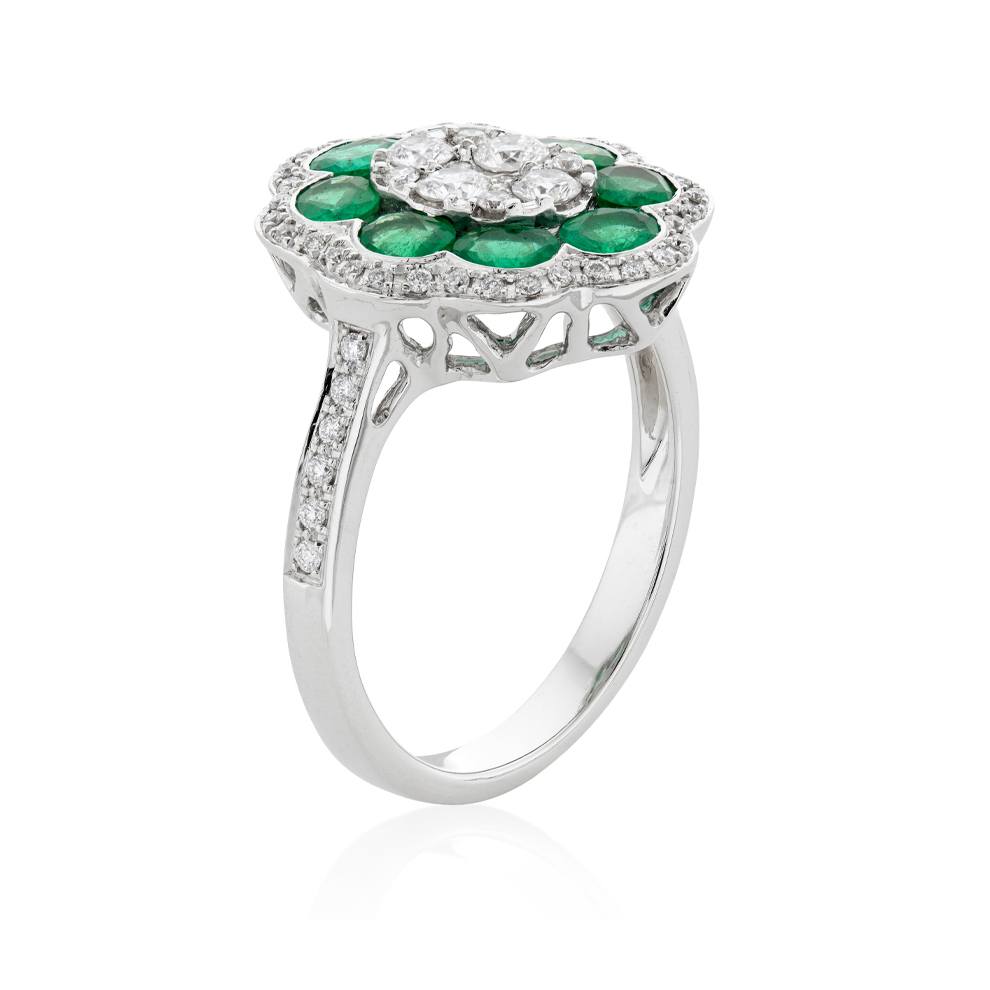White Gold Diamond Cluster & Oval Emerald Flower Ring 1