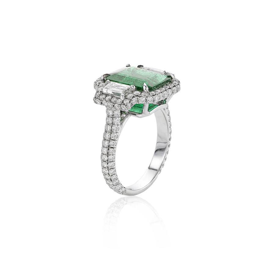 Platinum Emerald Cut Emerald Ring with Diamonds