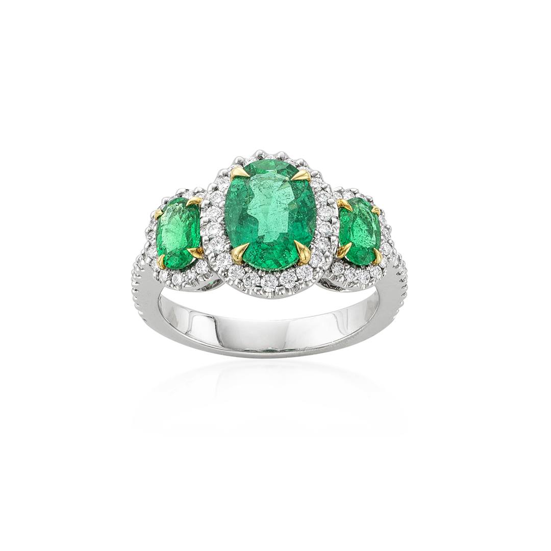 Three Stone Oval Emerald Ring with Diamonds 0