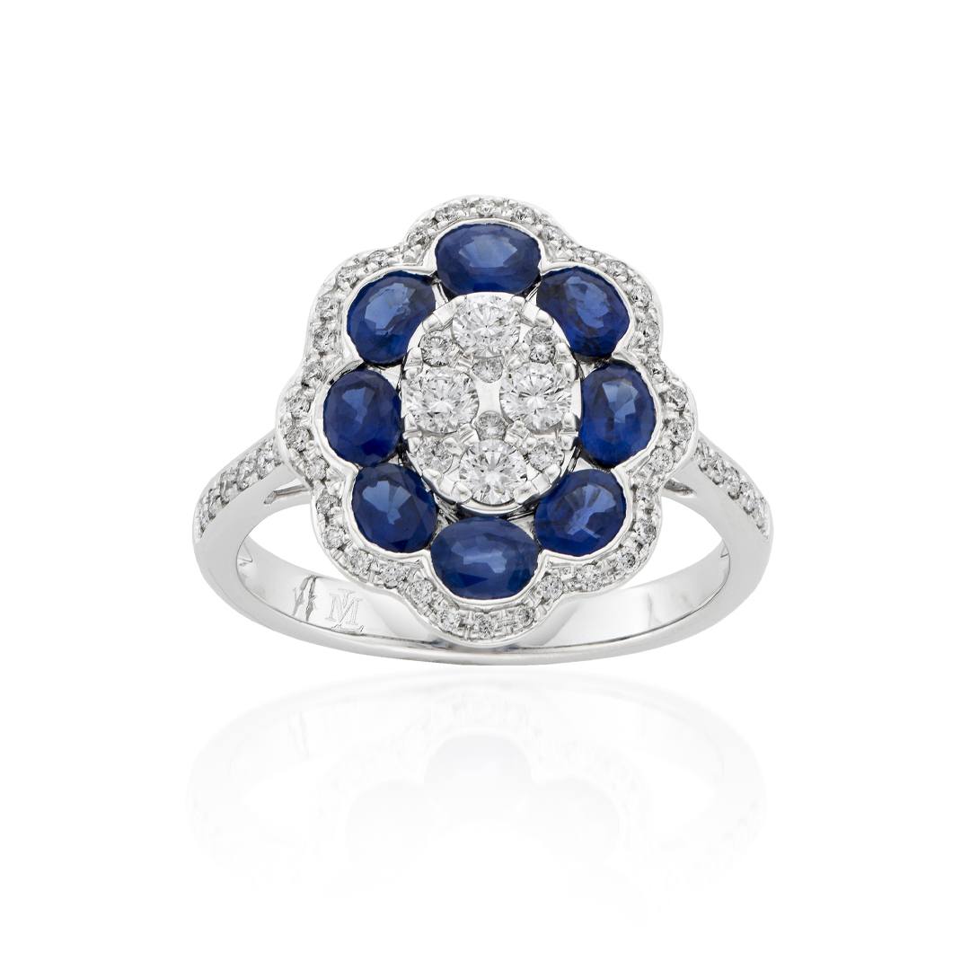 White Gold Diamond Cluster & Oval Sapphire Flower Ring 0