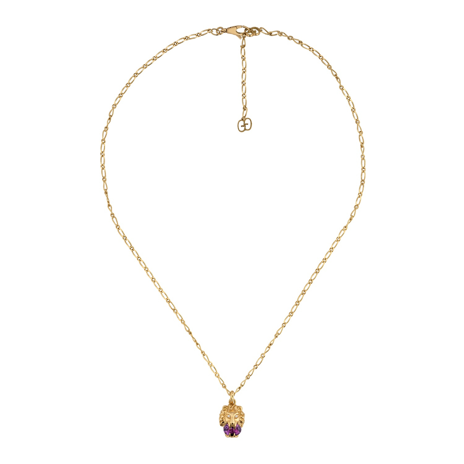 Gucci Yellow Gold, Amethyst & Diamond Lion Head Pendant Necklace
