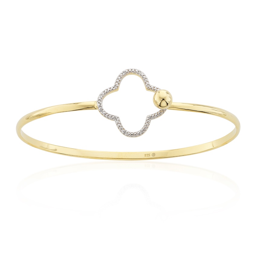 Yellow Gold Plated Sterling Silver & Diamond Open Clover Bangle 0