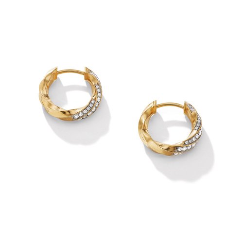 David Yurman Cable Edge Huggie Hoop Earrings in Recycled 18K Yellow Gold with Pave Diamonds
