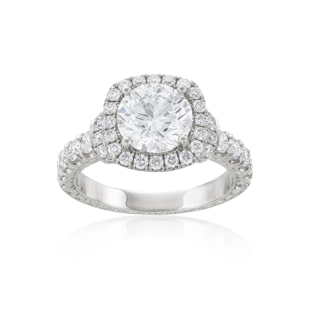2.01 CTW Round Diamond Platinum Engagement Ring with Diamond Halo 0