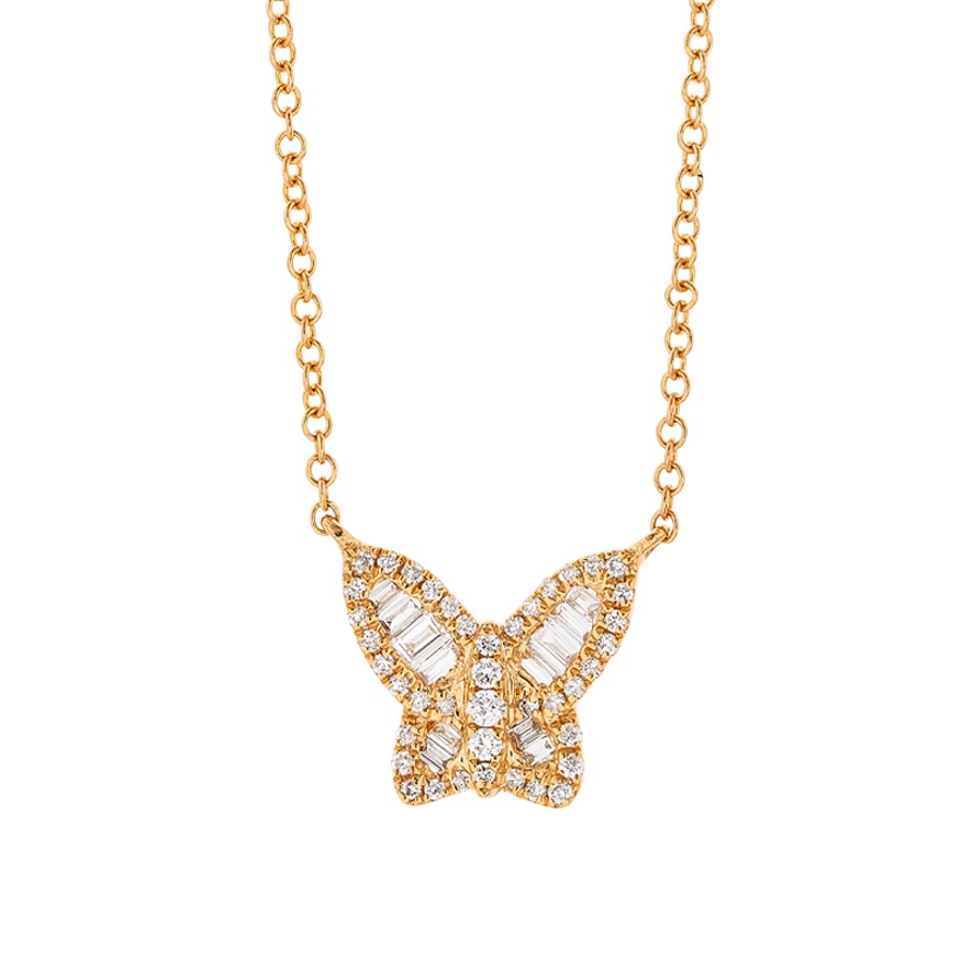 Baguette and Round Diamond Butterfly Necklace 0