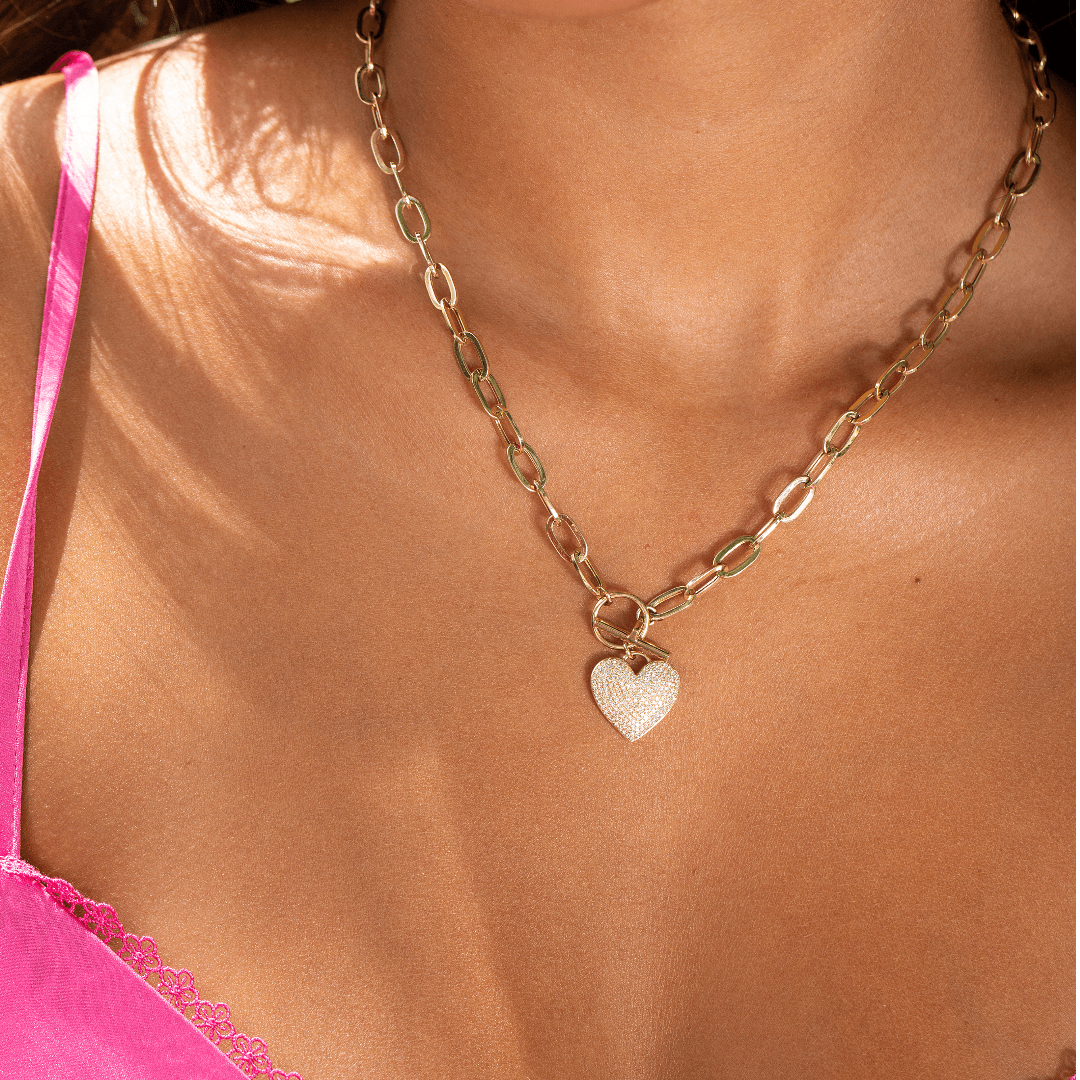 Diamond Heart Paperclip Toggle Necklace