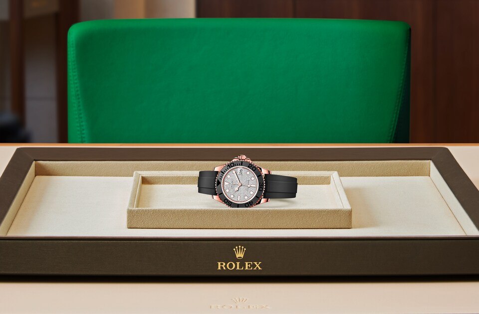 Rolex YACHT-MASTER 37 in Everose Gold, laying down on presentation tray