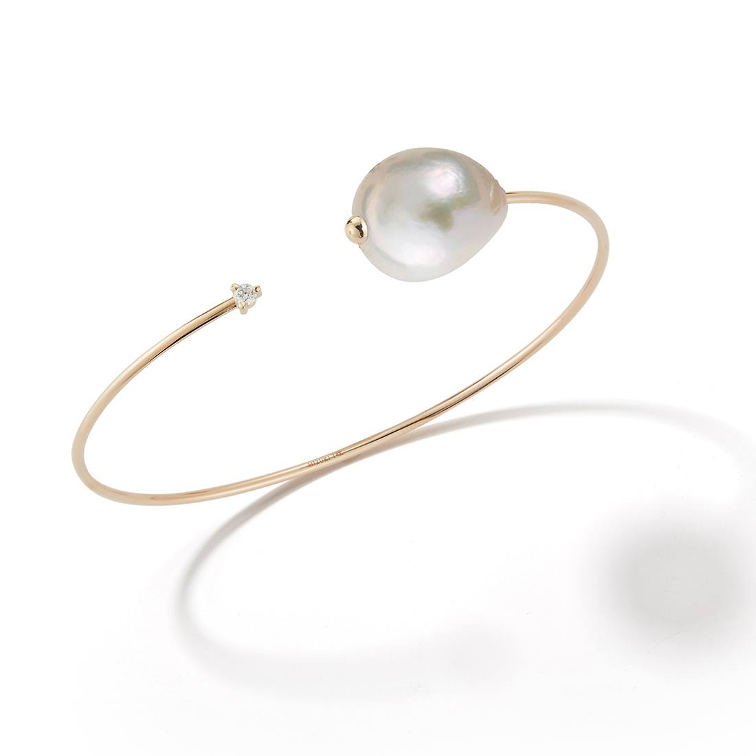 Mizuki Yellow Gold, White Baroque Pearl & Diamond Open Cuff Bracelet 0