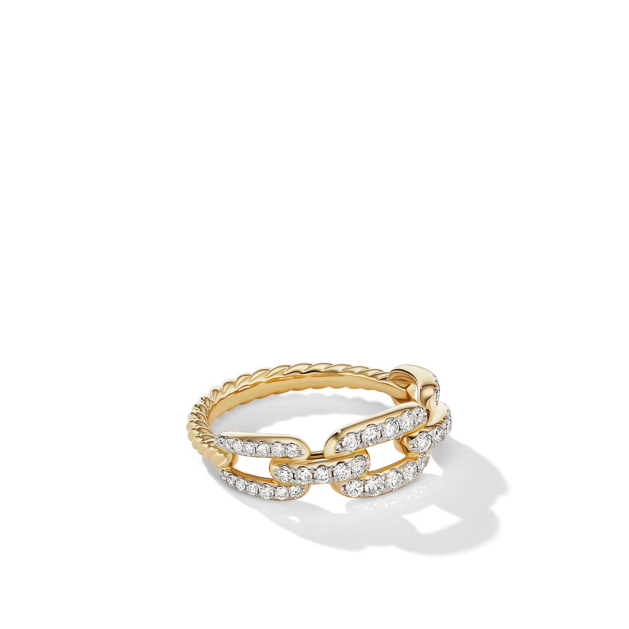 David Yurman Stax Chain Link Ring in 18K Yellow Gold with Pave Diamonds and Emerald 1