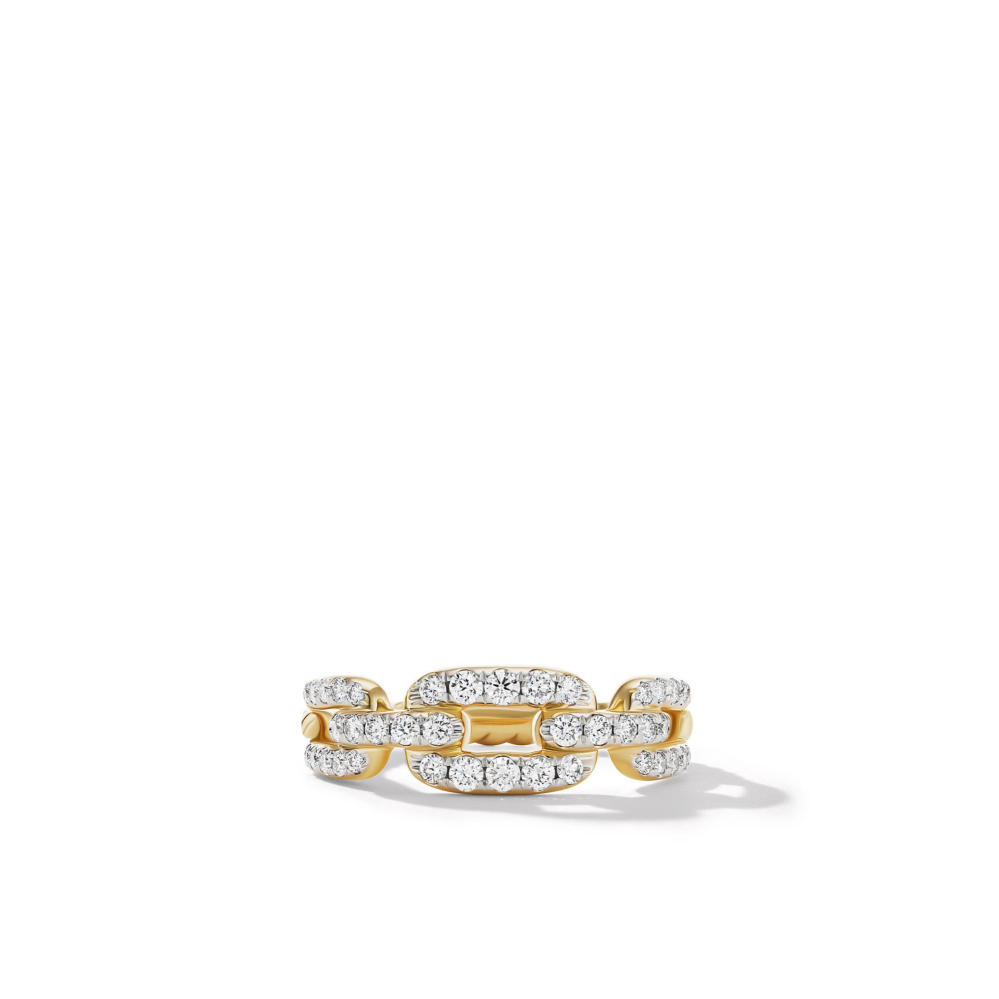David Yurman Stax Chain Link Ring in 18K Yellow Gold with Pave Diamonds and Emerald 2