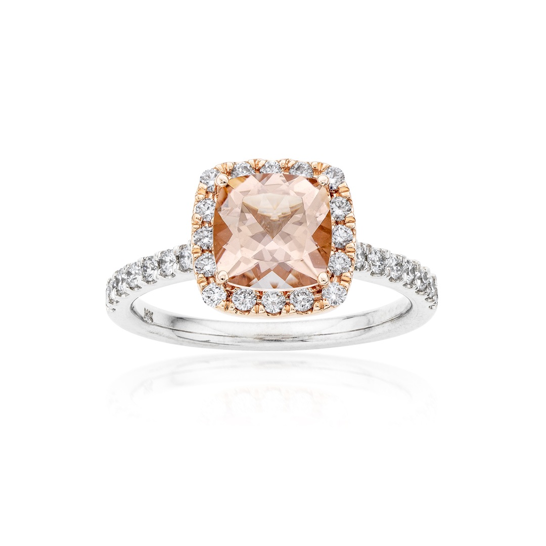 White & Rose Gold Cushion Cut Morganite & Diamond Halo Ring 0