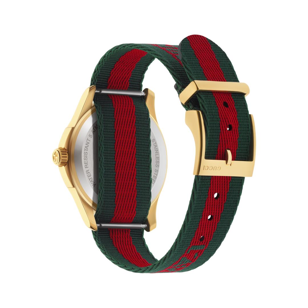 Gucci G-Timeless Gold Bee Dial with Signature Stripe Fabric Strap Watch, 38mm 1