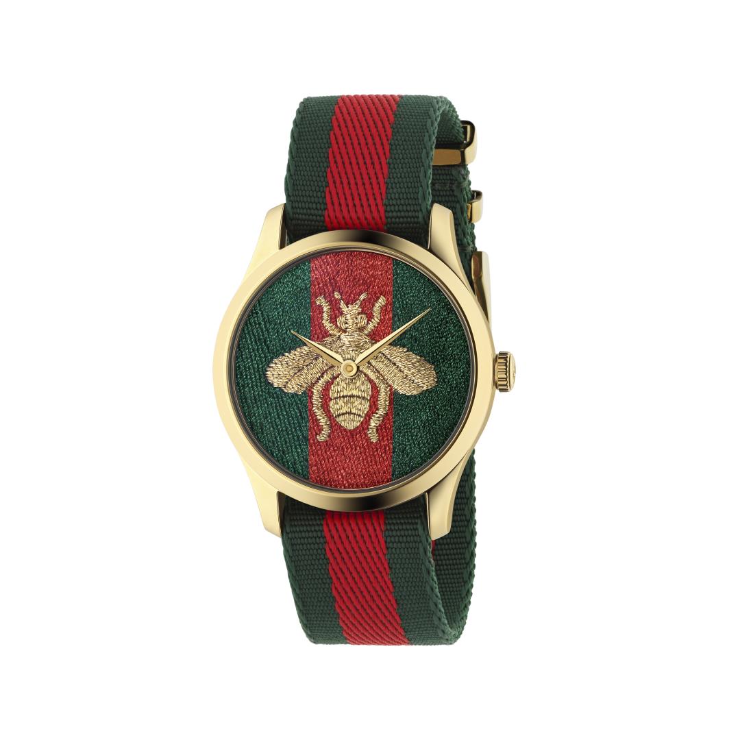Gucci G-Timeless Gold Bee Dial with Signature Stripe Fabric Strap Watch, 38mm 0